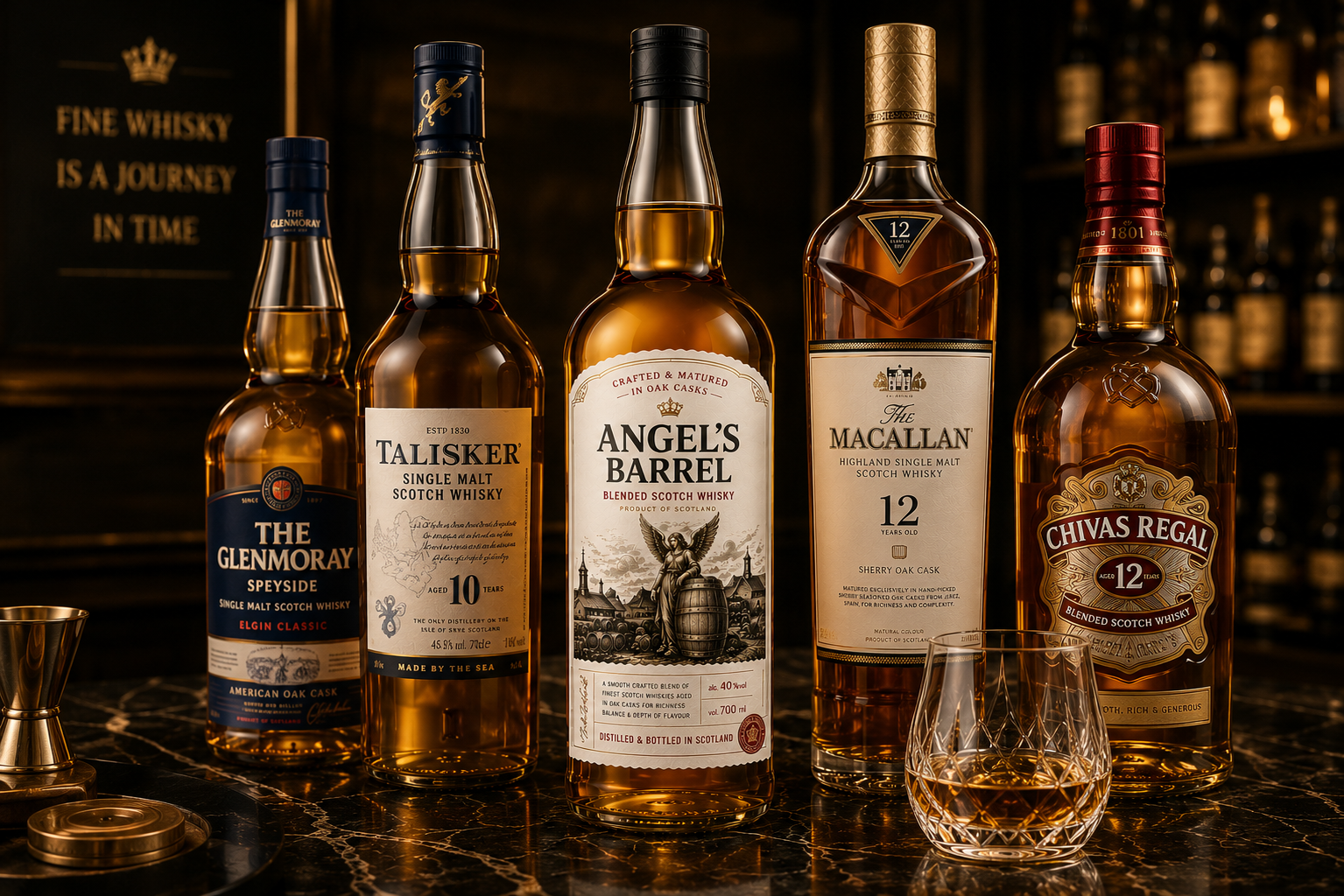 Whisky glass and bottle