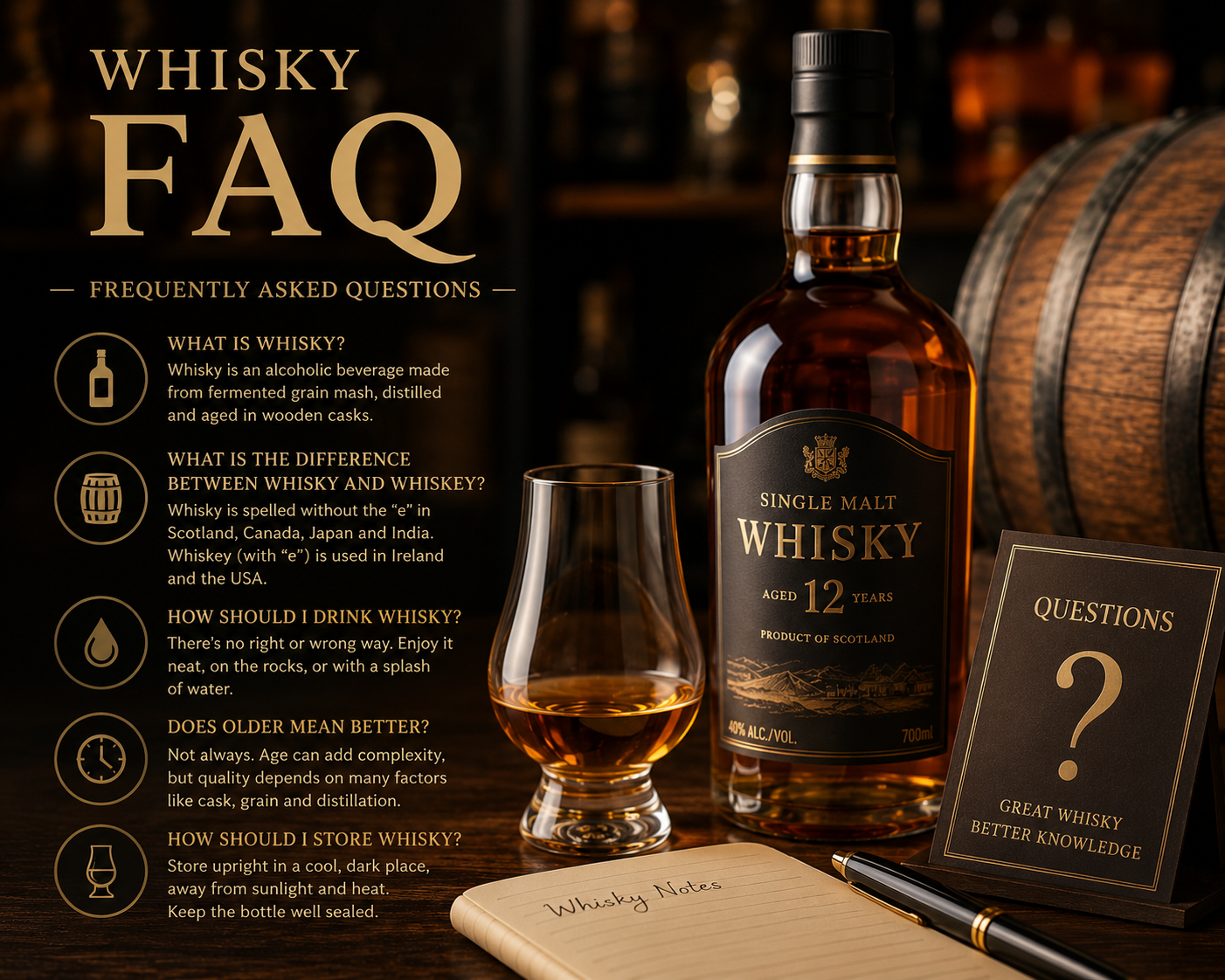 Whisky glass and whisky bottle for FAQ guide