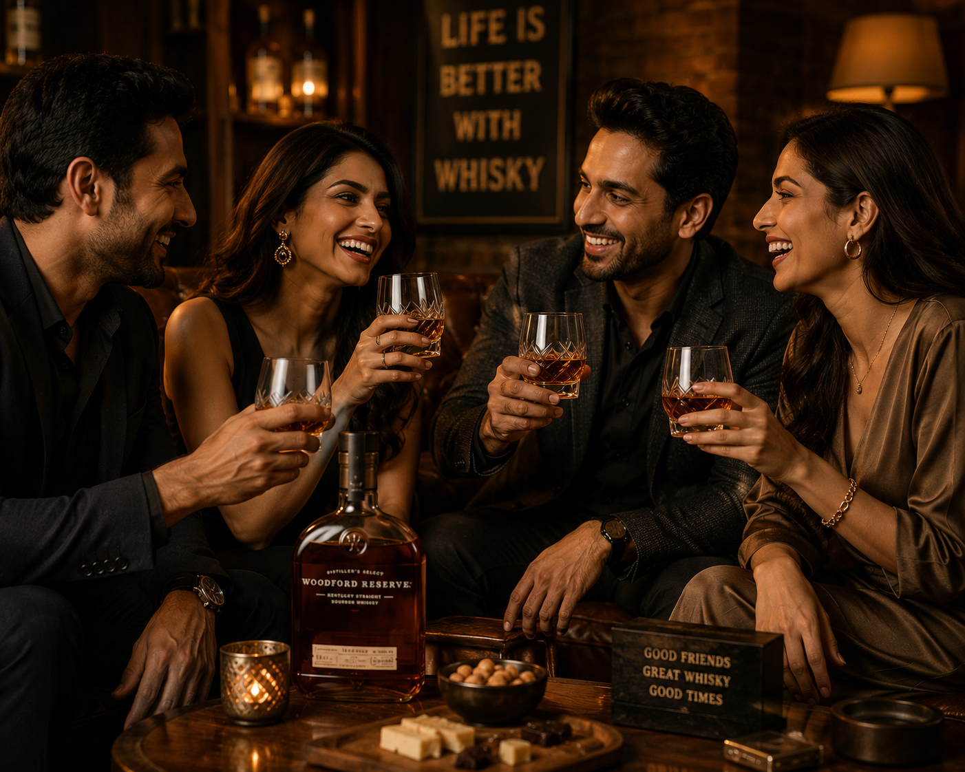 Whisky bottle with tasting glass on wooden table