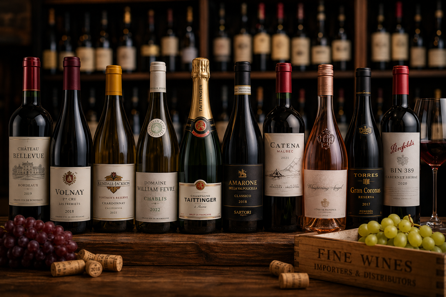 European wine bottles in premium cellar